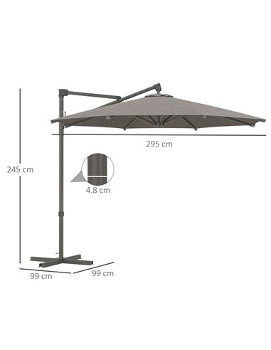 Outsunny 3 m Cantilever Banana Parasol with Cross Base, 360° Rotation Patio Umbrella with Crank Handle, Tilt, Dark Grey 84D-314V