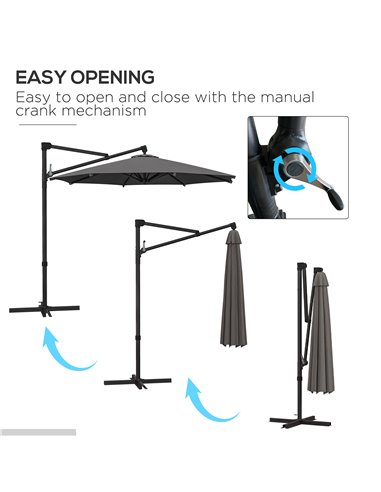 Outsunny 3 m Cantilever Banana Parasol with Cross Base, 360° Rotation Patio Umbrella with Crank Handle, Tilt, Dark Grey 84D-314V