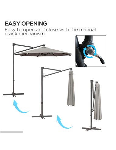 Outsunny 3 m Cantilever Banana Parasol with Cross Base, 360° Rotation Patio Umbrella with Crank Handle, Tilt, Light Grey 84D-314