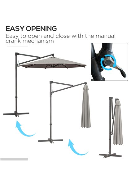 Outsunny 3 m Cantilever Banana Parasol with Cross Base, 360° Rotation Patio Umbrella with Crank Handle, Tilt, Light Grey 84D-314 - pic 48828 | FastDaddyshop