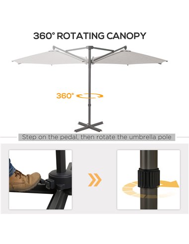Outsunny 3 m Cantilever Banana Parasol with Cross Base, 360° Rotation Patio Umbrella with Crank Handle, Tilt, Light Grey 84D-314