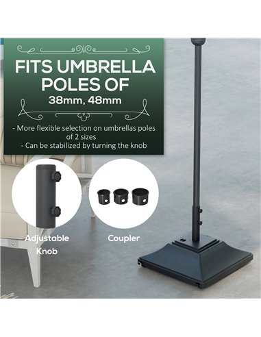 Outsunny 60kg Square Parasol Base with Wheels, 38mm, 48mm Heavy Duty Plastic Umbrella Stand, Fillable Parasol Stand for Outdoor 