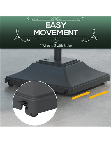 Outsunny 60kg Square Parasol Base with Wheels, 38mm, 48mm Heavy Duty Plastic Umbrella Stand, Fillable Parasol Stand for Outdoor 