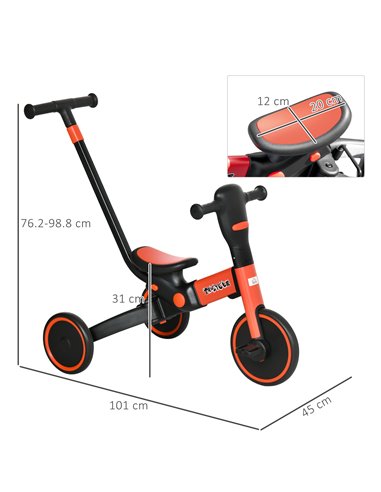 HOMCOM 4-in-1 Tricycle for Kids, Baby Trike with Adjustable Push Handle, Detachable Foot Rest for 18-60 Months, Red