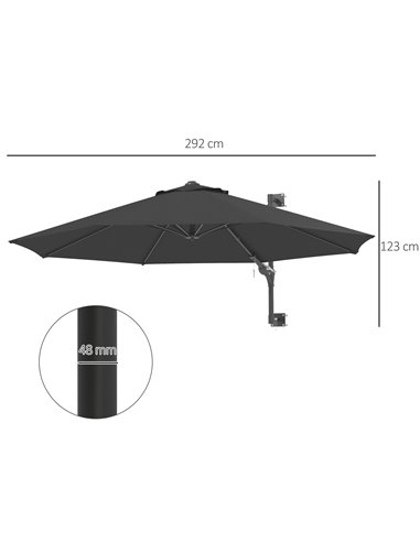 Outsunny Wall Mounted Umbrella with Vent, Garden Patio Parasol Umbrella Sun Shade Canopy, Charcoal Grey 84D-311V00CG