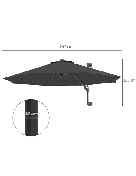 Outsunny Wall Mounted Umbrella with Vent, Garden Patio Parasol Umbrella Sun Shade Canopy, Charcoal Grey 84D-311V00CG - pic 48852 | FastDaddyshop
