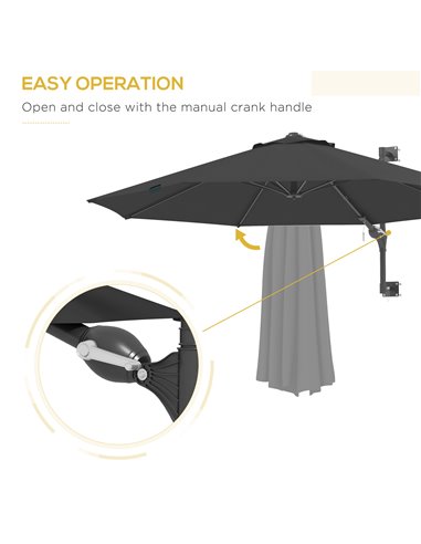 Outsunny Wall Mounted Umbrella with Vent, Garden Patio Parasol Umbrella Sun Shade Canopy, Charcoal Grey 84D-311V00CG
