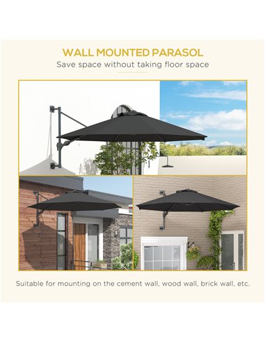 Outsunny Wall Mounted Umbrella with Vent, Garden Patio Parasol Umbrella Sun Shade Canopy, Charcoal Grey 84D-311V00CG