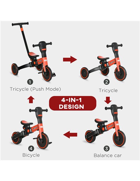 HOMCOM 4-in-1 Tricycle for Kids, Baby Trike with Adjustable Push Handle, Detachable Foot Rest for 18-60 Months, Red - pic 4886 | FastDaddyshop