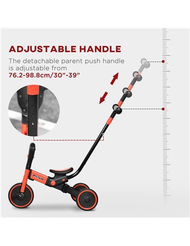 HOMCOM 4-in-1 Tricycle for Kids, Baby Trike with Adjustable Push Handle, Detachable Foot Rest for 18-60 Months, Red