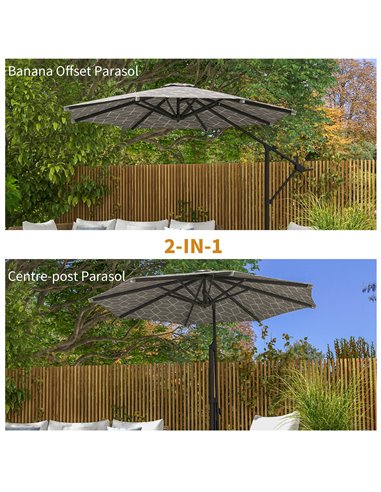 Outsunny 3(m) Convertible Cantilever Parasol and Centre-post Garden Parasol with Cross Base, 360° Rotation Banana Parasol with C