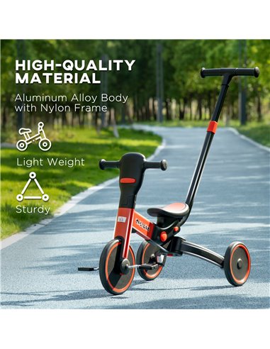 HOMCOM 4-in-1 Tricycle for Kids, Baby Trike with Adjustable Push Handle, Detachable Foot Rest for 18-60 Months, Red