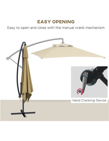 Outsunny 3x2m Cantilever Parasol with Cross Base, Banana Parasol with Crank Handle and 6 Ribs, Rectangular Hanging Patio Umbrell
