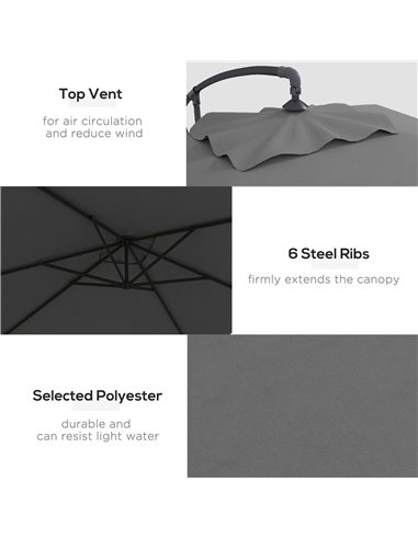 Outsunny 3x2m Cantilever Parasol with Cross Base, Banana Parasol with Crank Handle and 6 Ribs, Rectangular Hanging Patio Umbrell