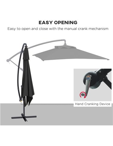 Outsunny 3x2m Cantilever Parasol with Cross Base, Banana Parasol with Crank Handle and 6 Ribs, Rectangular Hanging Patio Umbrell