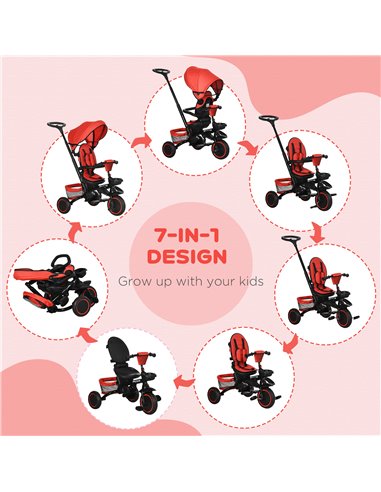 HOMCOM 7-in-1 Tricycle for Kids, Baby Trike with Rotatable Seat, Adjustable Push Handle, Safety Harness Detachable Canopy Semi-r