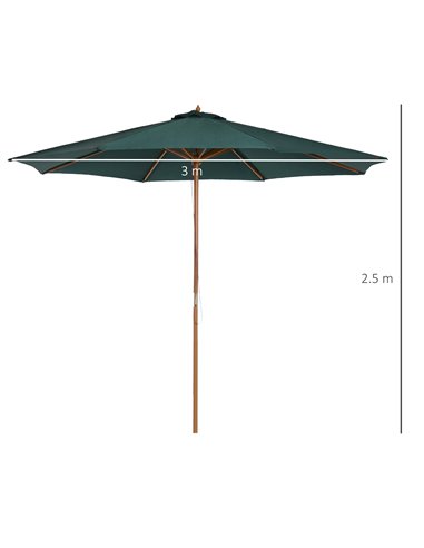 Outsunny 3(m) Wooden Patio Umbrella, Pulley Operated Garden Parasol with Rope Pulley Mechanism and 8 Ribs, Dark Green 01-0243
