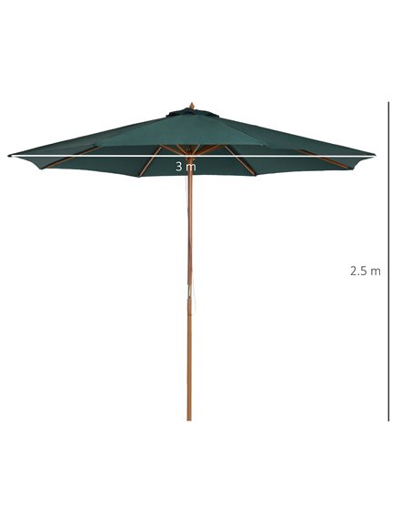 Outsunny 3(m) Wooden Patio Umbrella, Pulley Operated Garden Parasol with Rope Pulley Mechanism and 8 Ribs, Dark Green 01-0243 - pic 48969 | FastDaddyshop