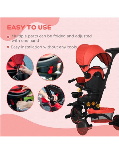 HOMCOM 7-in-1 Tricycle for Kids, Baby Trike with Rotatable Seat, Adjustable Push Handle, Safety Harness Detachable Canopy Semi-r