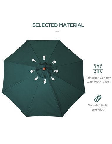 Outsunny 3(m) Wooden Patio Umbrella, Pulley Operated Garden Parasol with Rope Pulley Mechanism and 8 Ribs, Dark Green 01-0243