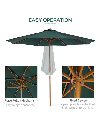 Outsunny 3(m) Wooden Patio Umbrella, Pulley Operated Garden Parasol with Rope Pulley Mechanism and 8 Ribs, Dark Green 01-0243