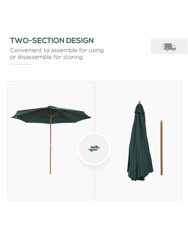 Outsunny 3(m) Wooden Patio Umbrella, Pulley Operated Garden Parasol with Rope Pulley Mechanism and 8 Ribs, Dark Green 01-0243