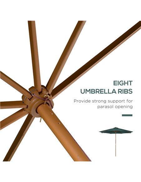 Outsunny 3(m) Wooden Patio Umbrella, Pulley Operated Garden Parasol with Rope Pulley Mechanism and 8 Ribs, Dark Green 01-0243 - pic 48973 | FastDaddyshop