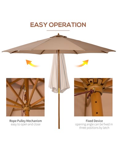 Outsunny 3(m) Garden Umbrella Wooden Parasol 8 Ribs Bamboo Sun Shade Patio Outdoor Umbrella Canopy Khaki 840-065BG
