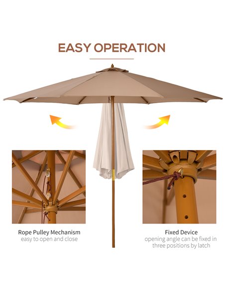 Outsunny 3(m) Garden Umbrella Wooden Parasol 8 Ribs Bamboo Sun Shade Patio Outdoor Umbrella Canopy Khaki 840-065BG - pic 48978 | FastDaddyshop