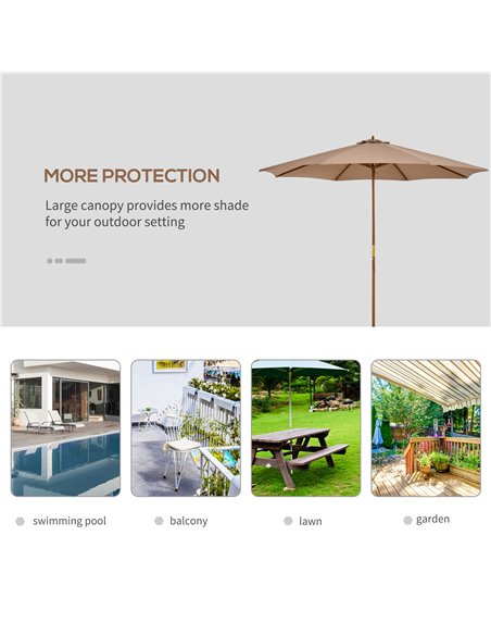 Outsunny 3(m) Garden Umbrella Wooden Parasol 8 Ribs Bamboo Sun Shade Patio Outdoor Umbrella Canopy Khaki 840-065BG - pic 48979 | FastDaddyshop