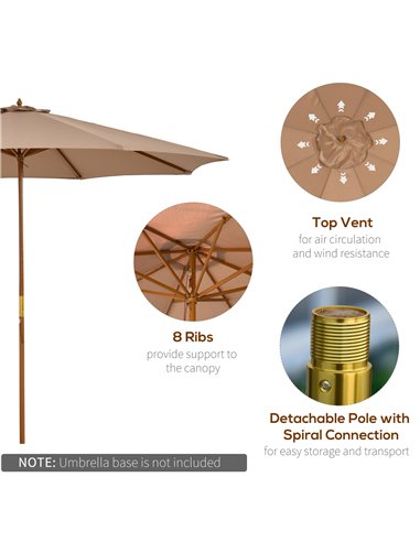 Outsunny 3(m) Garden Umbrella Wooden Parasol 8 Ribs Bamboo Sun Shade Patio Outdoor Umbrella Canopy Khaki 840-065BG
