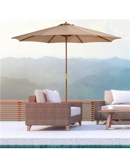 Outsunny 3(m) Garden Umbrella Wooden Parasol 8 Ribs Bamboo Sun Shade Patio Outdoor Umbrella Canopy Khaki 840-065BG - pic 48983 | FastDaddyshop