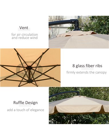 Outsunny 2.7m Cantilever Parasol Banana Sun Umbrella with Crank Handle and Cross Base for Outdoor Hanging Sun Shade Light Brown 