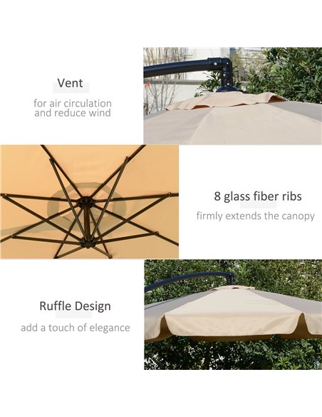 Outsunny 2.7m Cantilever Parasol Banana Sun Umbrella with Crank Handle and Cross Base for Outdoor Hanging Sun Shade Light Brown  - pic 48990 | FastDaddyshop
