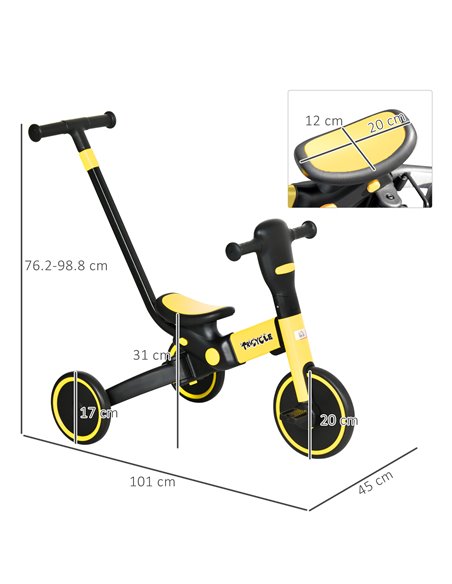 HOMCOM 4-in-1 Tricycle for Kids, Baby Trike with Adjustable Push Handle, Detachable Foot Rest for 18-60 Months, Yellow - pic 4901 | FastDaddyshop