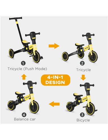 HOMCOM 4-in-1 Tricycle for Kids, Baby Trike with Adjustable Push Handle, Detachable Foot Rest for 18-60 Months, Yellow