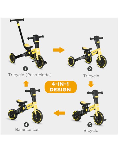 HOMCOM 4-in-1 Tricycle for Kids, Baby Trike with Adjustable Push Handle, Detachable Foot Rest for 18-60 Months, Yellow - pic 4902 | FastDaddyshop