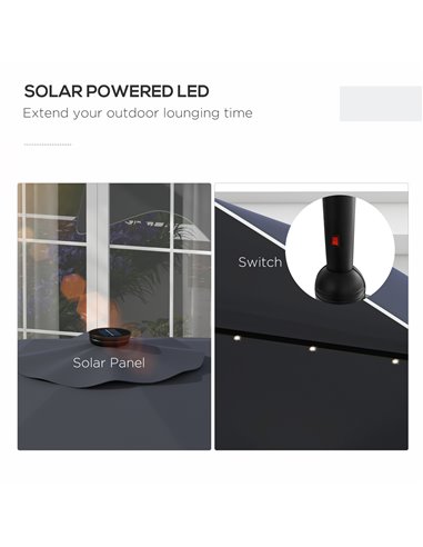 Outsunny Solar Patio Umbrella with LED and Tilt, Outdoor Market Table Umbrella Parasol with Crank, 3 x 3 (m), Dark Grey 84D-328V