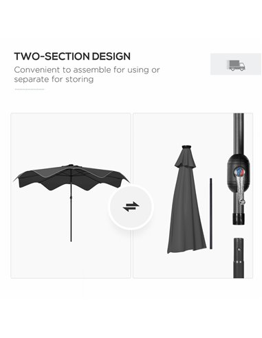 Outsunny Solar Patio Umbrella with LED and Tilt, Outdoor Market Table Umbrella Parasol with Crank, 3 x 3 (m), Dark Grey 84D-328V