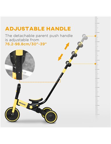 HOMCOM 4-in-1 Tricycle for Kids, Baby Trike with Adjustable Push Handle, Detachable Foot Rest for 18-60 Months, Yellow