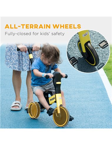 HOMCOM 4-in-1 Tricycle for Kids, Baby Trike with Adjustable Push Handle, Detachable Foot Rest for 18-60 Months, Yellow