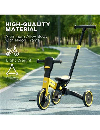 HOMCOM 4-in-1 Tricycle for Kids, Baby Trike with Adjustable Push Handle, Detachable Foot Rest for 18-60 Months, Yellow