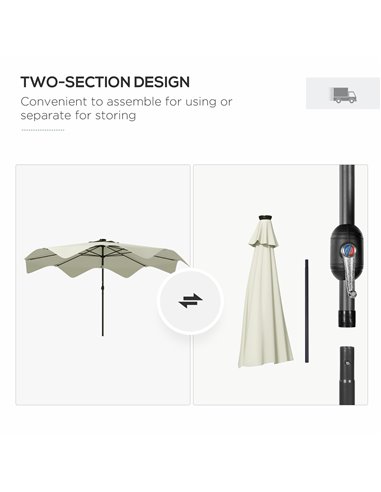 Outsunny Solar Patio Umbrella with LED and Tilt, Outdoor Market Table Umbrella Parasol with Crank, 3 x 3 (m), Cream White 84D-32