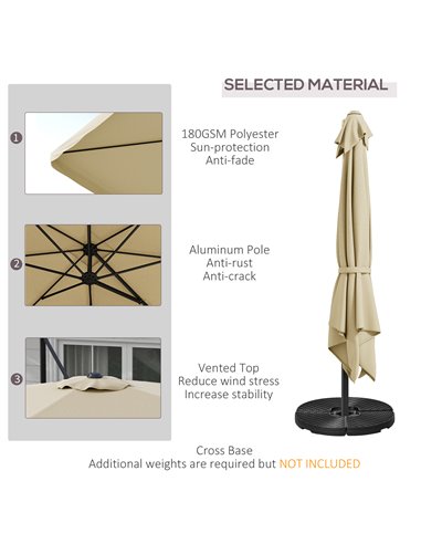 Outsunny 3(m) Cantilever Roma Parasol, Hanging Garden Parasol, Aluminium Square Patio Umbrella with Crank Handle and Tilt, Outdo