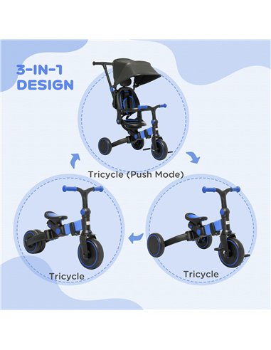 AIYAPLAY 3-in-1 Tricycle for Kids with Aluminium Frame, Baby Trike with Adjustable Push Handle, Canopy and Seat Angle for 18-48 
