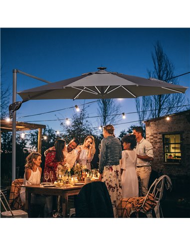 Outsunny 3m Cantilever Roma Parasol Adjustable Garden Sun Umbrella with LED Solar Light Cross Base Rotating Outdoor- Grey 84D-11