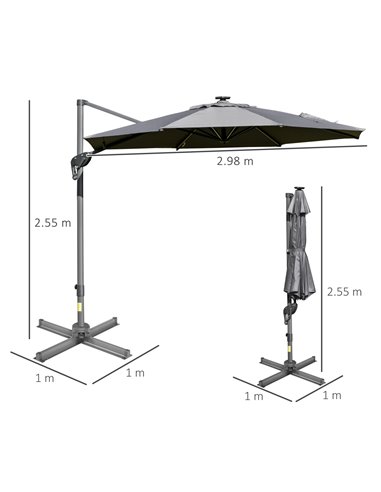 Outsunny 3m Cantilever Roma Parasol Adjustable Garden Sun Umbrella with LED Solar Light Cross Base Rotating Outdoor- Grey 84D-11