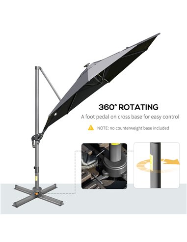 Outsunny 3m Cantilever Roma Parasol Adjustable Garden Sun Umbrella with LED Solar Light Cross Base Rotating Outdoor- Grey 84D-11