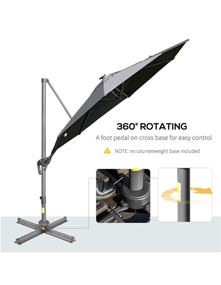 Outsunny 3m Cantilever Roma Parasol Adjustable Garden Sun Umbrella with LED Solar Light Cross Base Rotating Outdoor- Grey 84D-11 - pic 49114 | FastDaddyshop