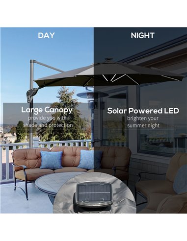Outsunny 3m Cantilever Roma Parasol Adjustable Garden Sun Umbrella with LED Solar Light Cross Base Rotating Outdoor- Grey 84D-11